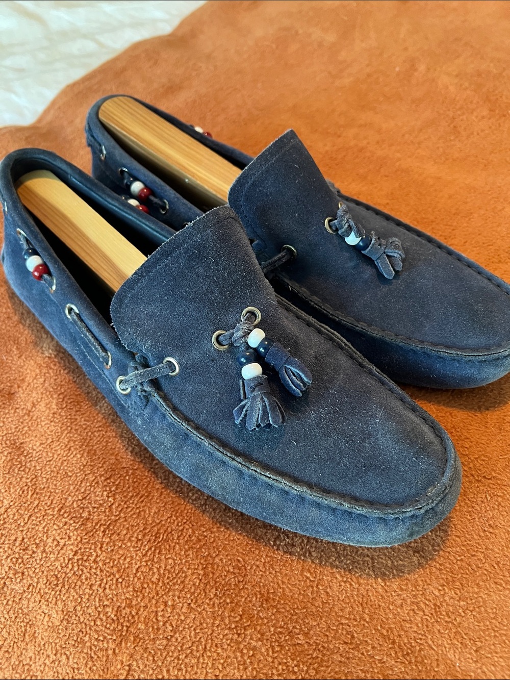 Gucci Navy Suede Tassel Loafers with Bead Accents 212190